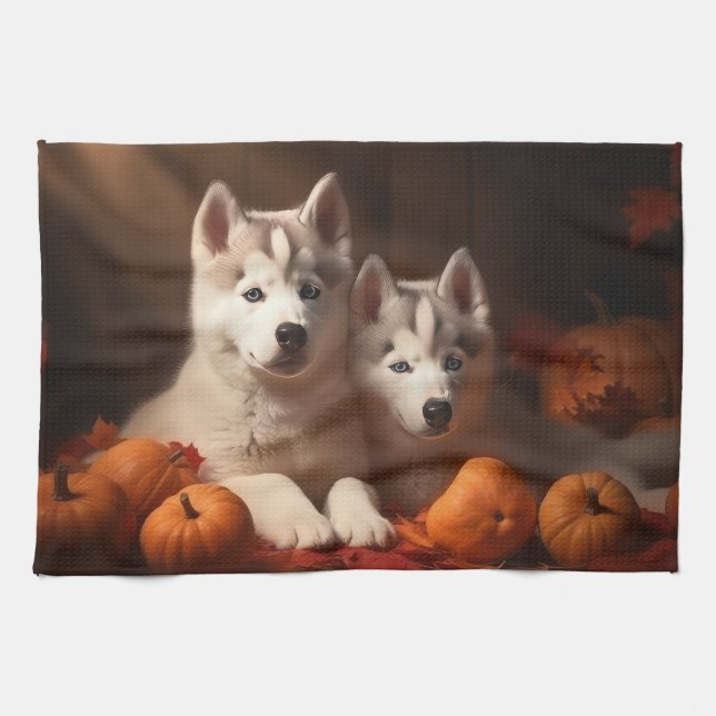 Siberian husky Pumpkin för höstdelight Kökshandduk (Horisontell)