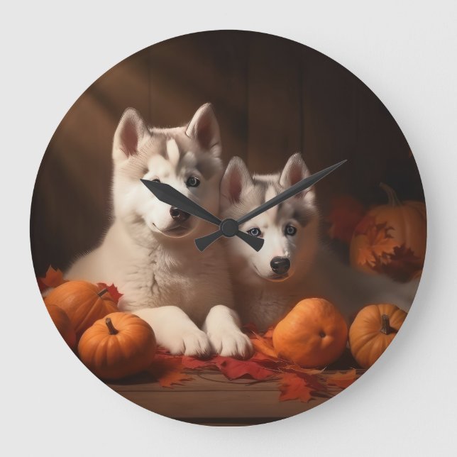 Siberian husky Pumpkin för höstdelight Stor Klocka (Framsida)