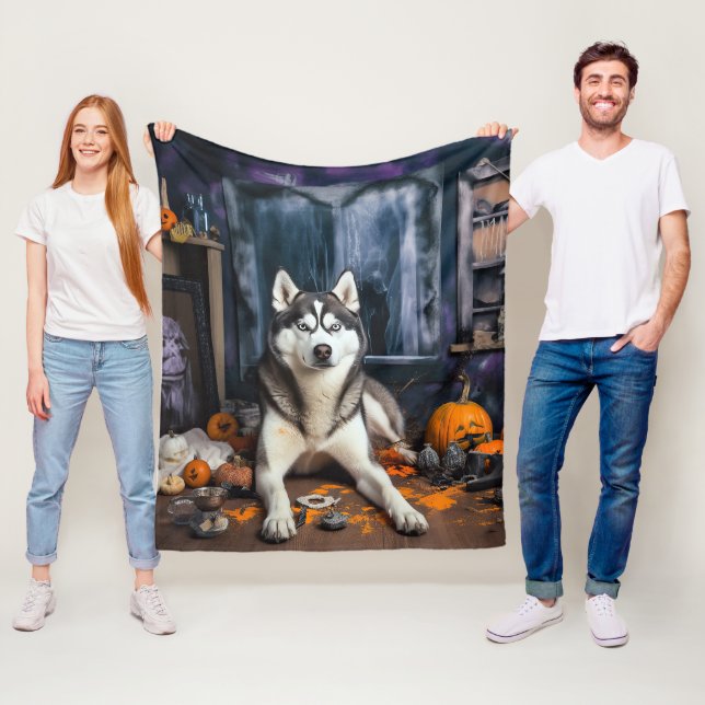 Siberian husky Pumpkins Halloween Scary Fleecefilt (På plats)