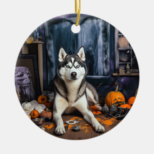 Siberian husky Pumpkins Halloween Scary Julgransprydnad Keramik (Framsidan)