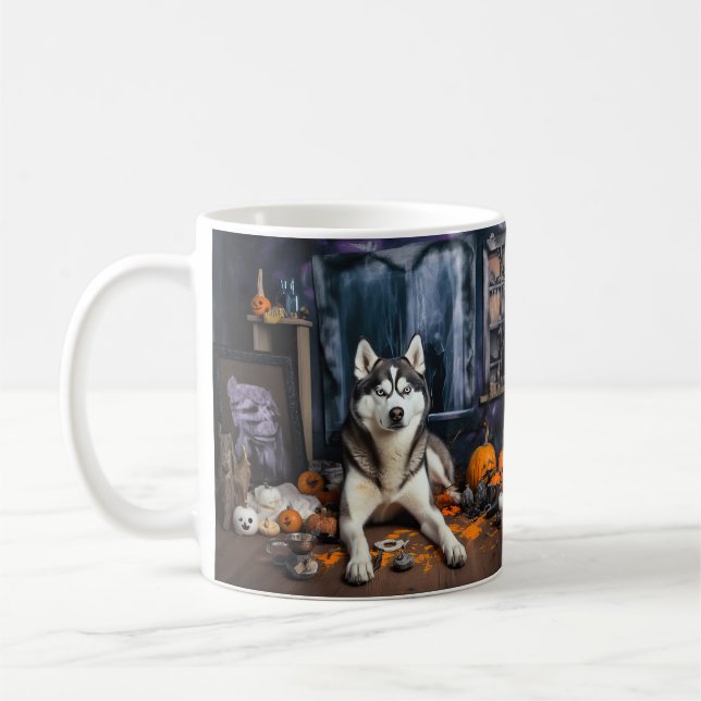 Siberian husky Pumpkins Halloween Scary Kaffemugg (Vänster)