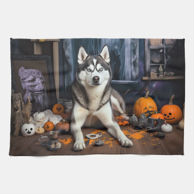 Siberian husky Pumpkins Halloween Scary Kökshandduk (Horisontell)