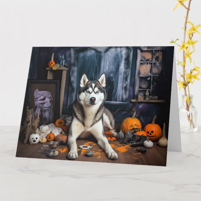 Siberian husky Pumpkins Halloween Scary Kort (Gul blomma)