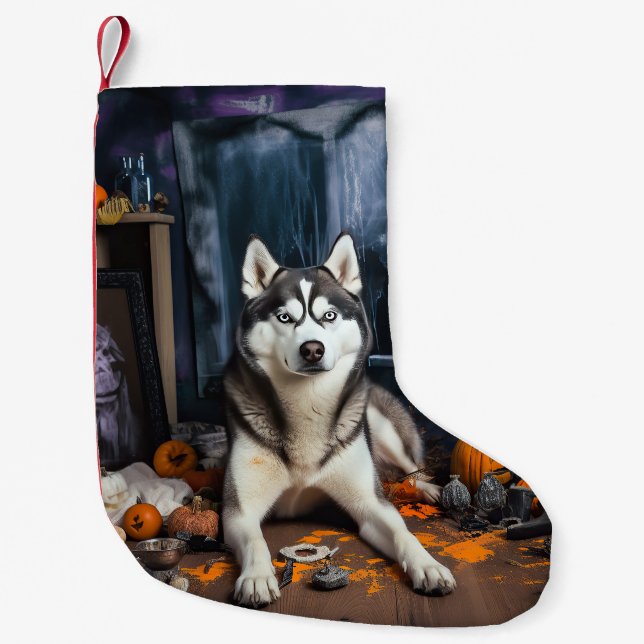 Siberian husky Pumpkins Halloween Scary Liten Julstrumpa (Framsidan)