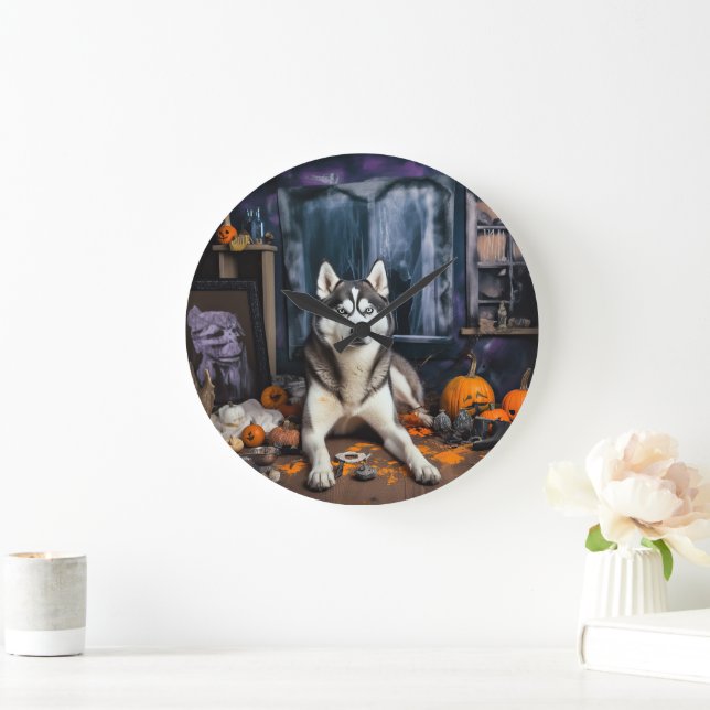 Siberian husky Pumpkins Halloween Scary Stor Klocka (Hem)