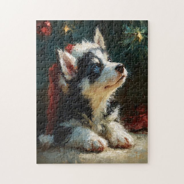 Siberian Husky Puppy Christmas Painting Pussel (Vertikal)