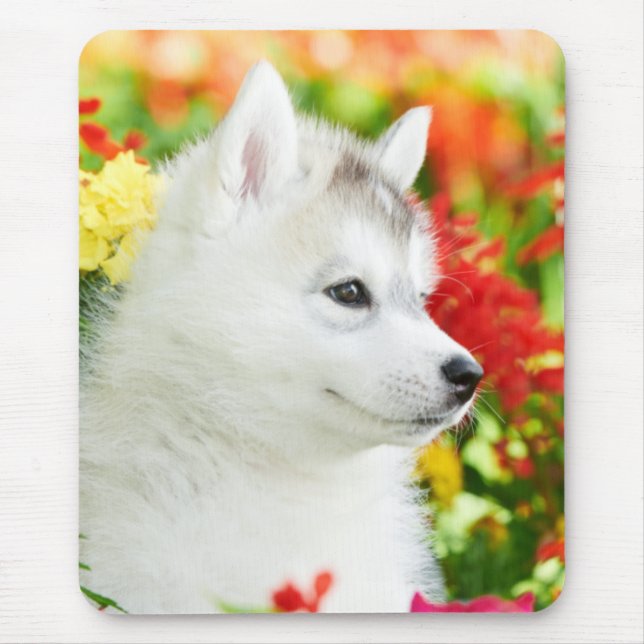 Siberian husky Puppy in Flowers Mousepad Musmatta (Framsidan)