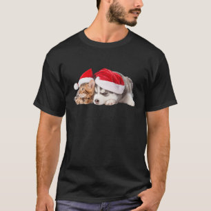 Siberian husky Puppy Kitten Santa Hat Cute Christm T Shirt