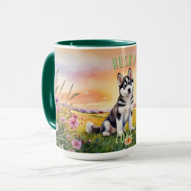 Siberian husky Puppy Sunrise Mugg (Framsida vänster)