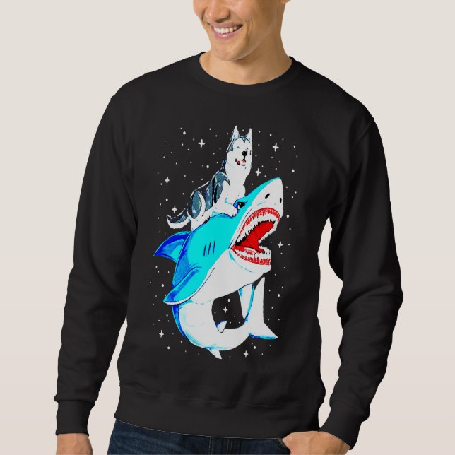 Siberian husky Riding Shark Lång Ärmad Tröja (Framsida)