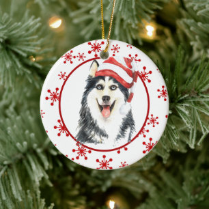 Siberian husky Santa Hat Red Snowflake Julgransprydnad Keramik
