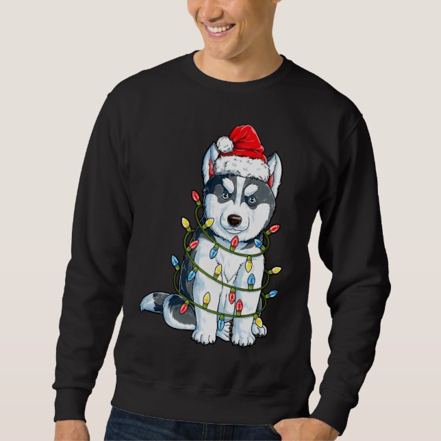 Siberian husky Santa Julgran Ljus Julafton B Lång Ärmad Tröja (Framsida)