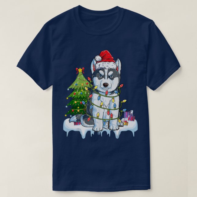 Siberian husky Santa Julgran Ljus Julafton Gi T Shirt (Design framsida)