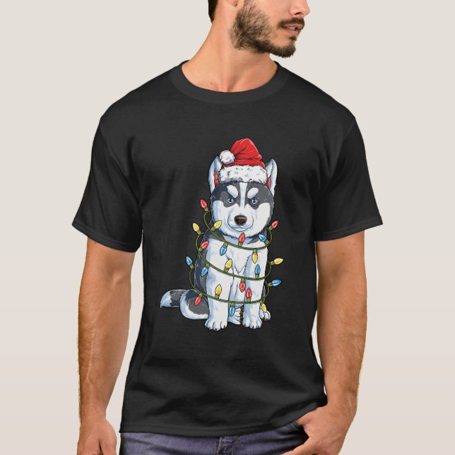 Siberian husky Santa Träd Ljus Julafton Gifts Boys T Shirt (Framsida)