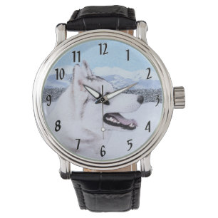 Siberian Husky (Silver och Vit) Hund Konst Målning Armbandsur