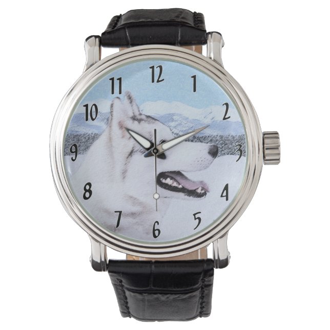 Siberian Husky (Silver och Vit) Hund Konst Målning Armbandsur (Framsida)