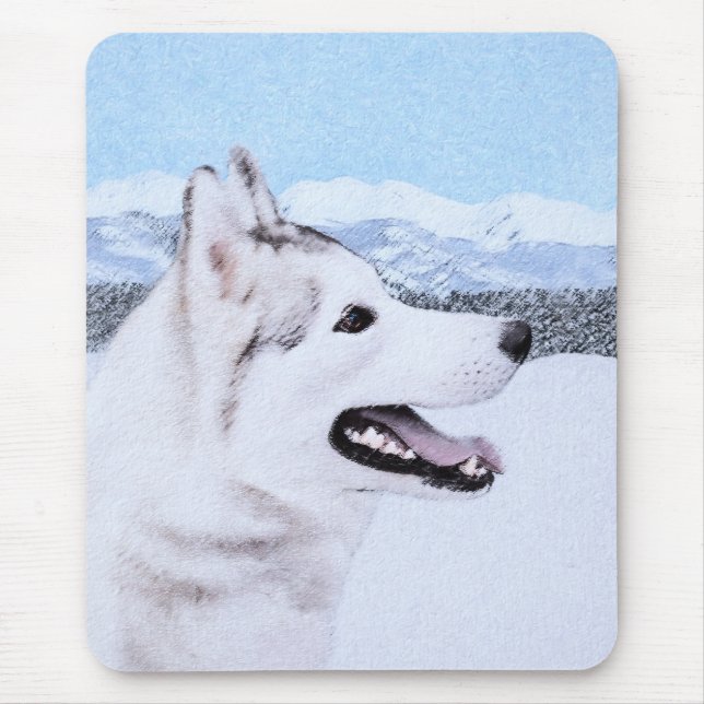 Siberian Husky (Silver och Vit) Hund Konst Målning Musmatta (Framsidan)