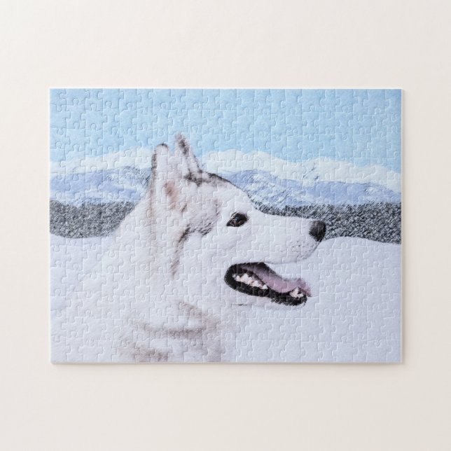Siberian Husky (Silver och Vit) Hund Konst Målning Pussel (Horisontell)