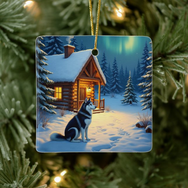 Siberian Husky Snowy Cabin Christmas Painting Julgransprydnad Keramik (Träd)
