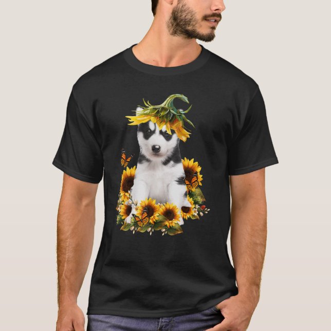 Siberian Husky Sunflower Butterfly Cute Dog T Shirt (Framsida)