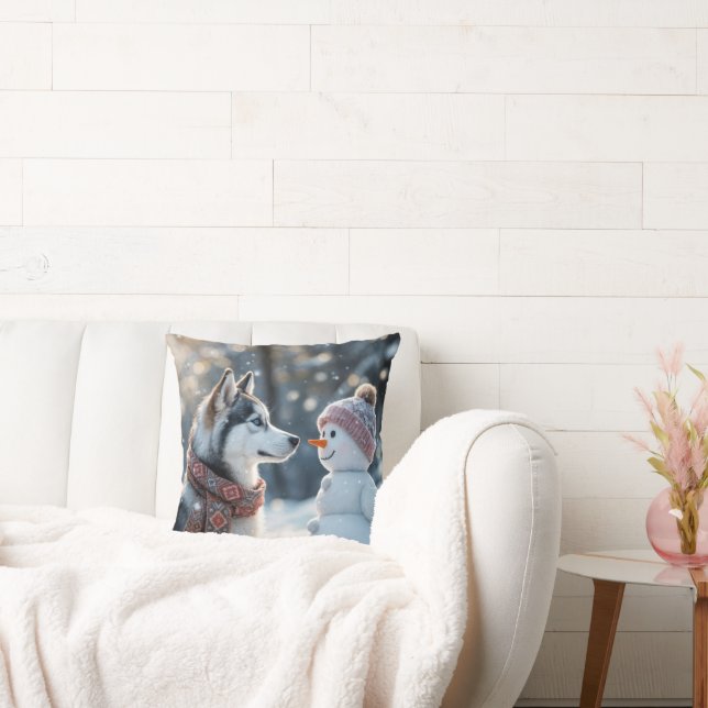 Siberian husky Tittar vid Snögubbe Kudde (Soffa)