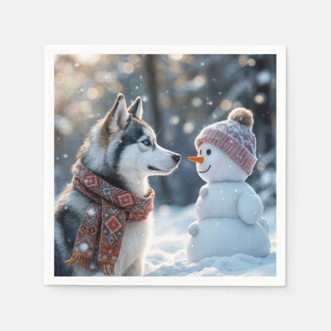 Siberian husky Tittar vid Snögubbe Pappersservett (Framsidan)