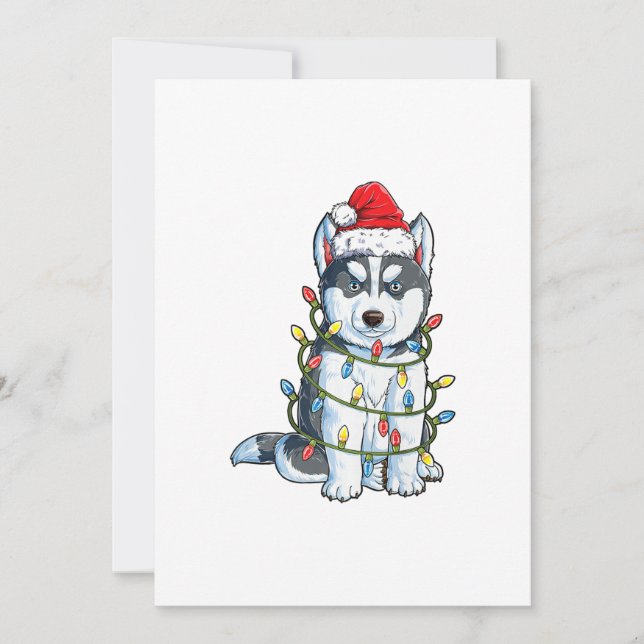 Siberian Husky Tomte Julgran Ljuskedja Xmas Julkort (Framsida)