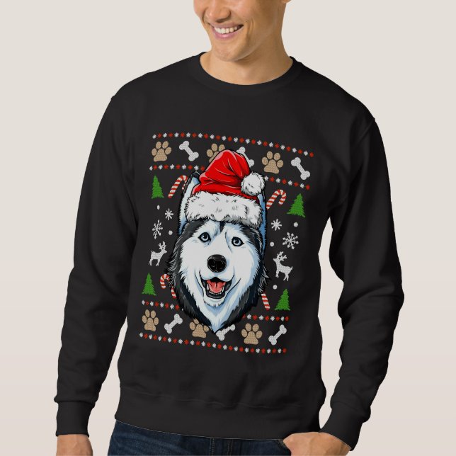 Siberian husky Ugly jul Hund Santa Hat Julafton B Lång Ärmad Tröja (Framsida)