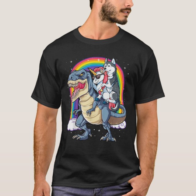 Siberian husky Unicorn Dinosaur T rex Funny Rainbo Shirt (Framsida)