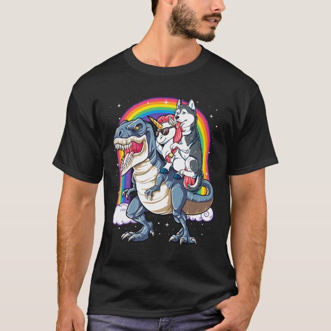 Siberian husky Unicorn Dinosaur T rex Funny Rainbo Shirt (Framsida)