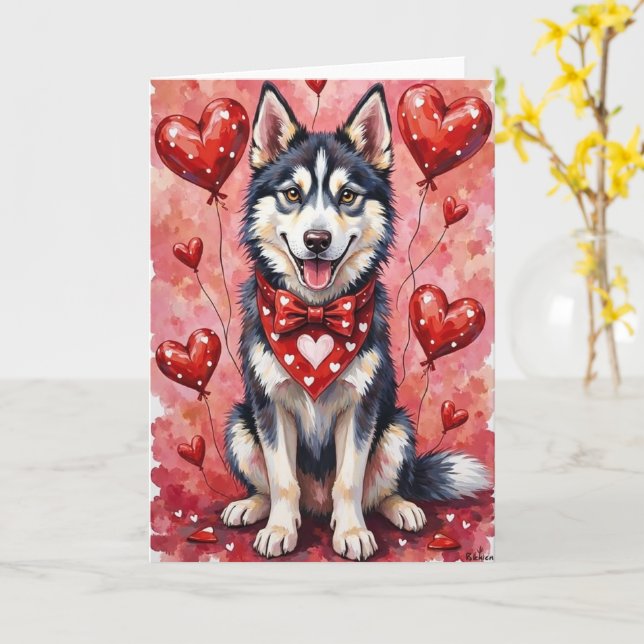 Siberian Husky Valentine Dog Sitting with Hearts Kort (Gul blomma)