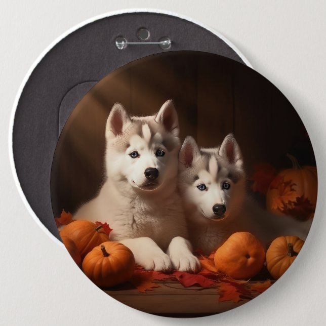 Siberian Husky Valp Höstglädje Pumpa Knapp (Framsida & baksida)