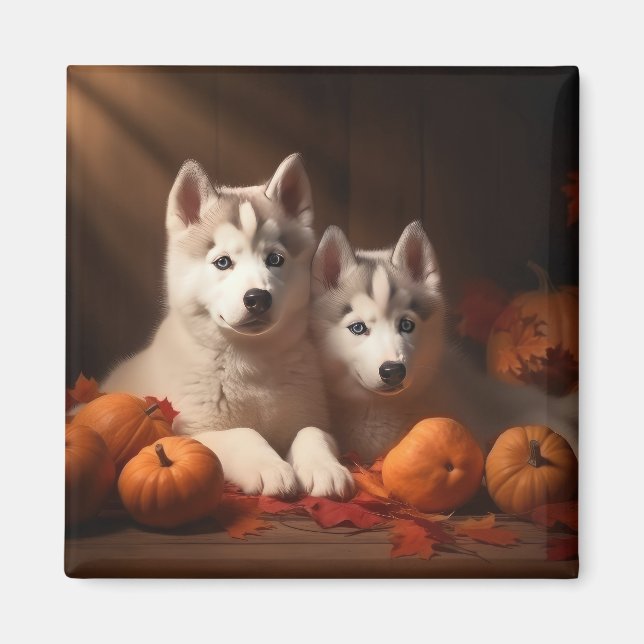 Siberian Husky Valp Höstglädje Pumpa Magnet (Framsidan)