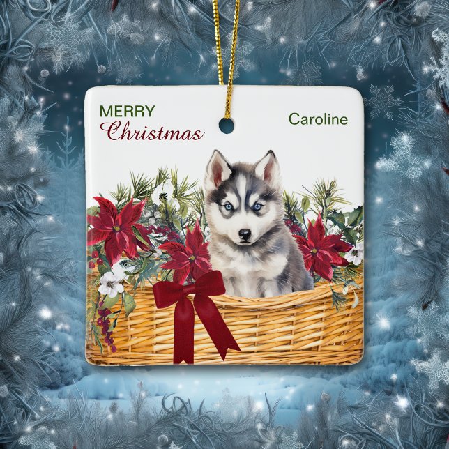 Siberian Husky Valp Poinsettia Julkorg Julgransprydnad Keramik (Skapare uppladdad)