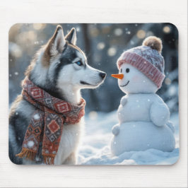 Siberian husky vid ett Snögubbe Musmatta