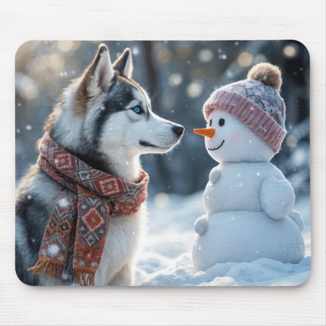 Siberian husky vid ett Snögubbe Musmatta (Framsidan)