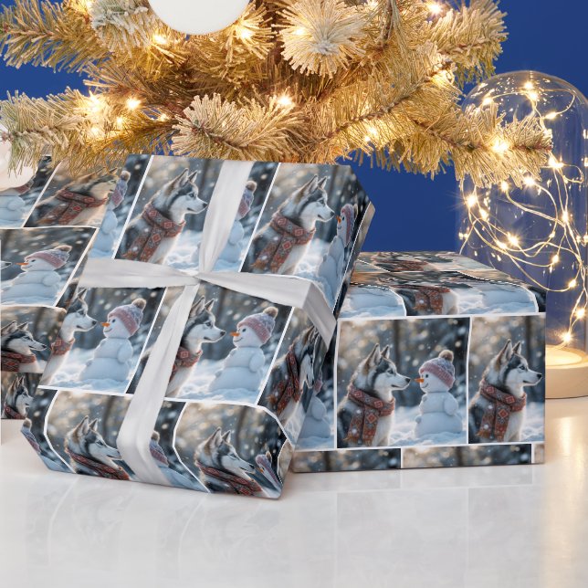 Siberian husky vid ett Snögubbe Presentpapper (Helgdagar)