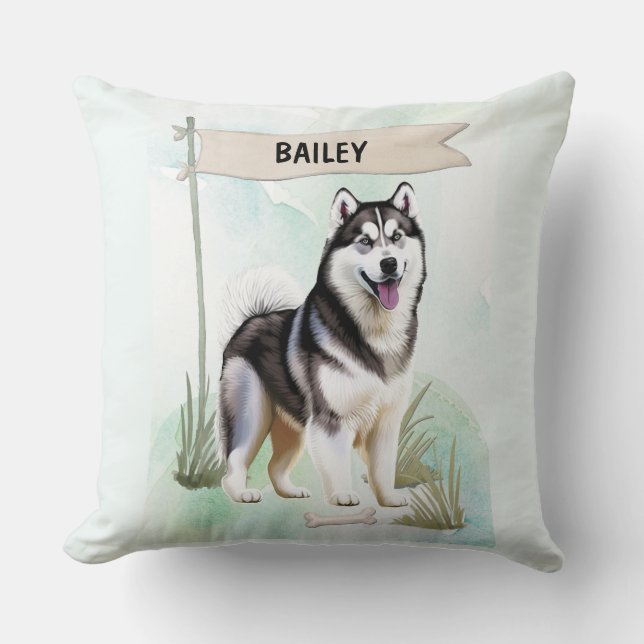 Siberian Husky Watercolor Personalized Dog Kudde (Framsida)