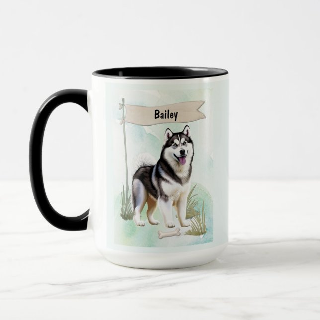 Siberian Husky Watercolor Personalized Dog Mugg (Vänster)