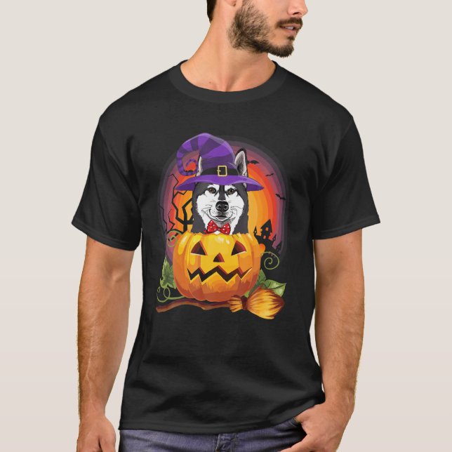 Siberian husky Witch Pumpkin Halloween Hund älskar T Shirt (Framsida)