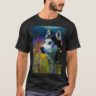 Siberian Husky with wildflowers T Shirt
