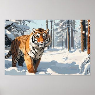 SIberian Tiger i Snö täckt Skogen Poster