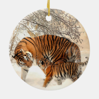 Siberian Tiger Mor och Kitten Julgransprydnad Keramik