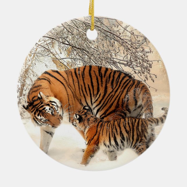 Siberian Tiger Mor och Kitten Julgransprydnad Keramik (Baksidan)