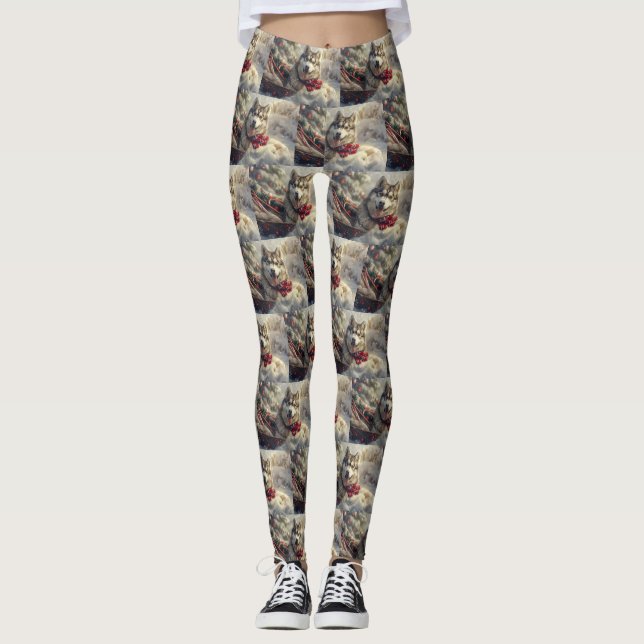 Siberisk Huskhund Jul Festlig Leggings (Framsida)