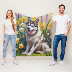 Siberisk Huskhund Vårblommor Målning Fleecefilt