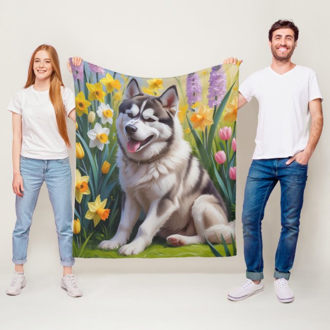 Siberisk Huskhund Vårblommor Målning Fleecefilt (På plats)