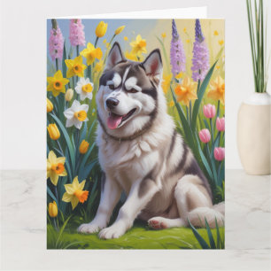 Siberisk Huskhund Vårblommor Målning Kort