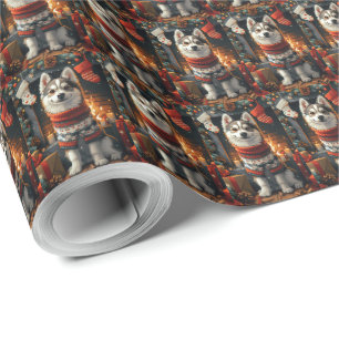 Siberisk Huskund Med Julpresenter Öppen Spis Presentpapper