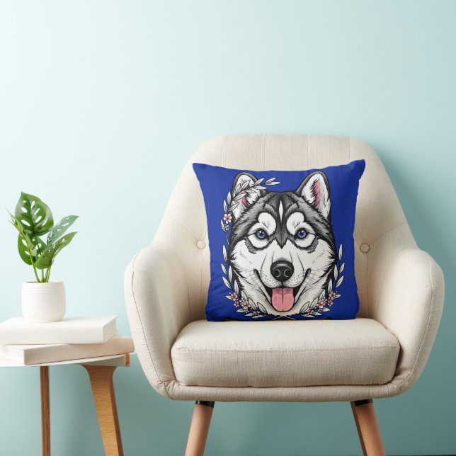 Siberisk Huskund och Mountain Laurel Blossom Kudde (Stol)